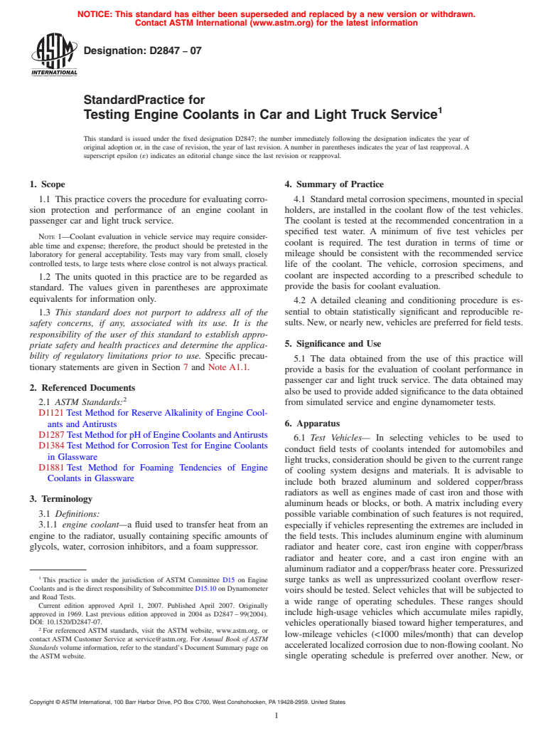 ASTM D2847-07 - Standard Practice for Testing Engine Coolants in Car and Light Truck Service