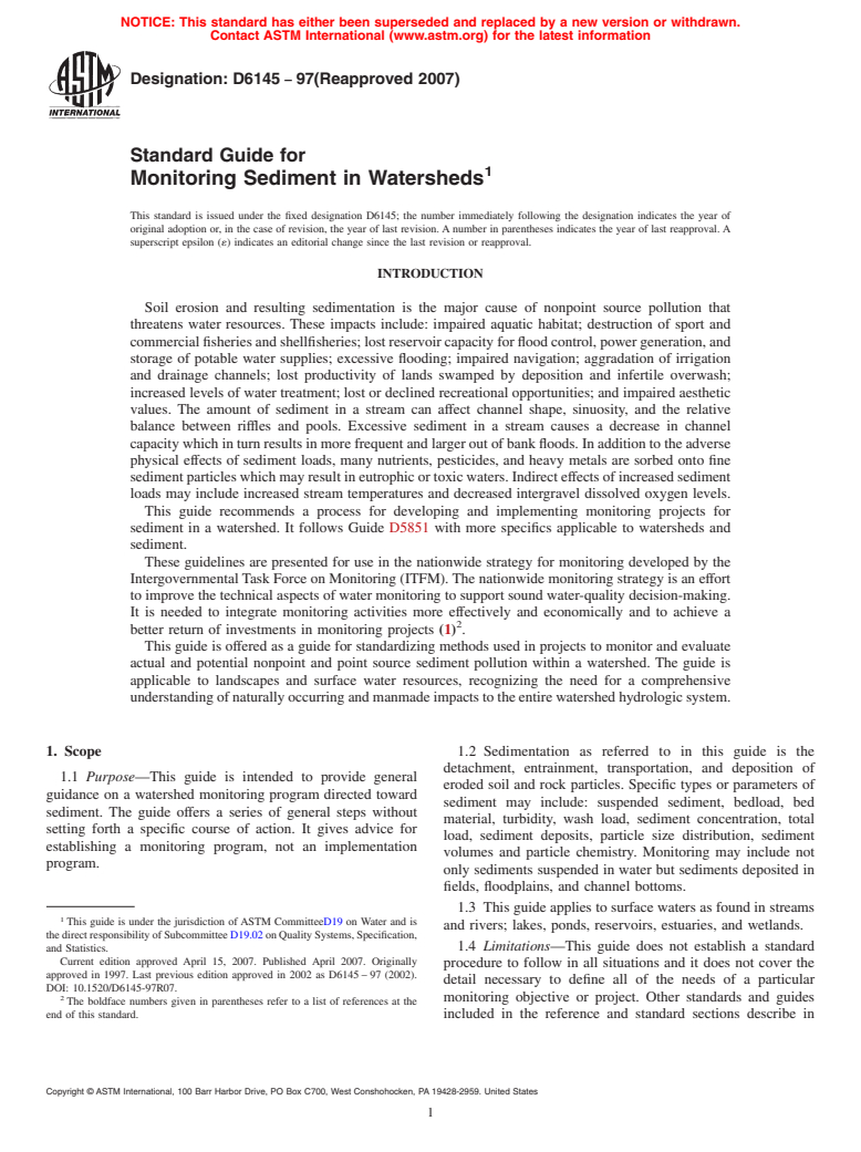 ASTM D6145-97(2007) - Standard Guide for Monitoring Sediment in Watersheds