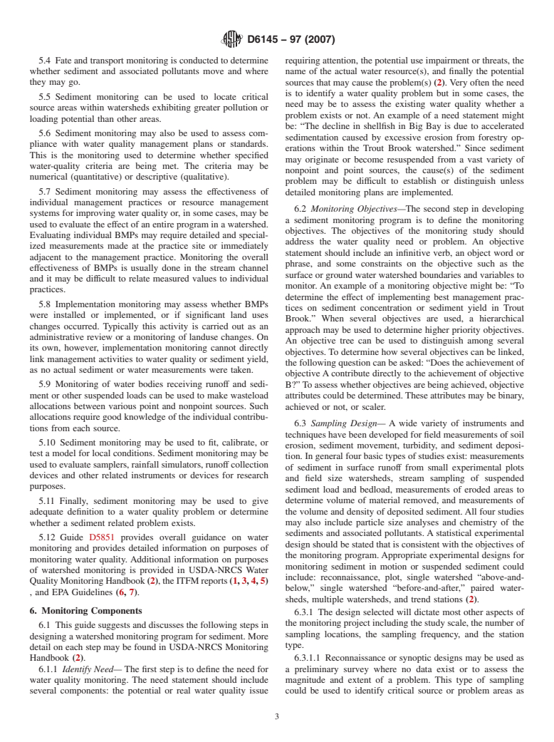 ASTM D6145-97(2007) - Standard Guide for Monitoring Sediment in Watersheds