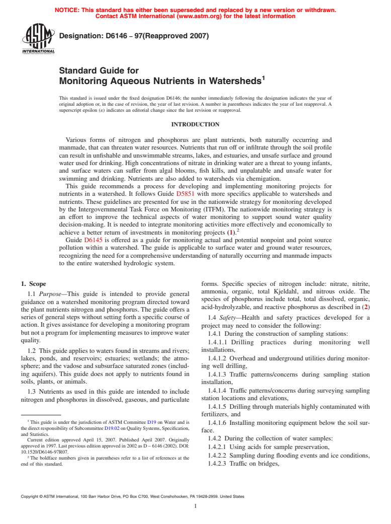 ASTM D6146-97(2007) - Standard Guide for Monitoring Aqueous Nutrients in Watersheds