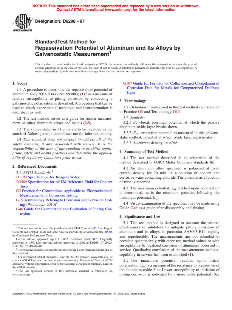 ASTM D6208-07 - Standard Test Method for Repassivation Potential of Aluminum and Its Alloys by Galvanostatic Measurement