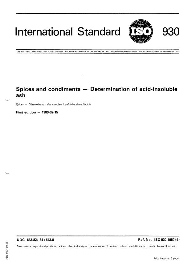 ISO 930:1980 - Épices -- Détermination des cendres insolubles dans l'acide