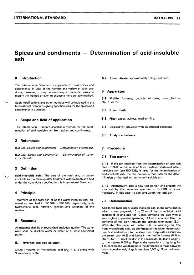 ISO 930:1980 - Épices -- Détermination des cendres insolubles dans l'acide