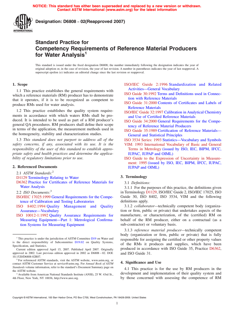 ASTM D6808-02(2007) - Standard Practice for Competency Requirements of Reference Material Producers for Water Analysis