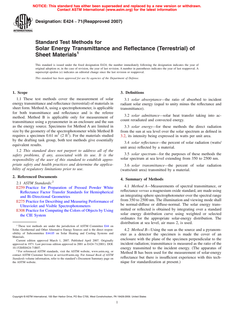 ASTM E424-71(2007) - Standard Test Methods for Solar Energy Transmittance and Reflectance (Terrestrial) of Sheet Materials