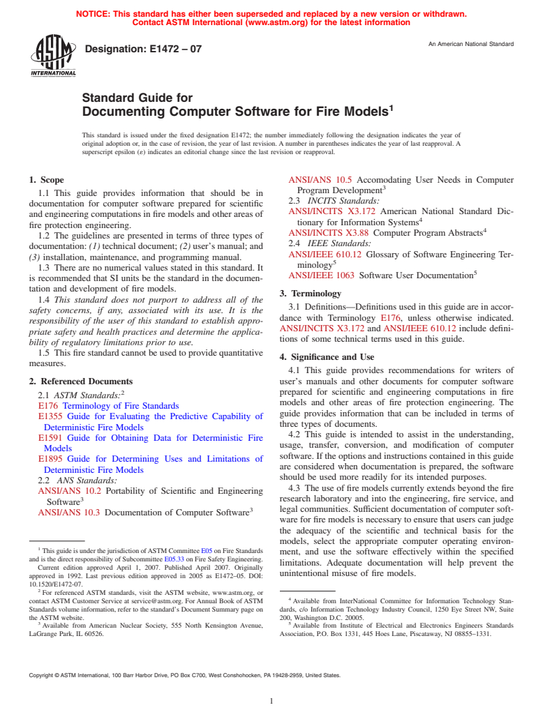 ASTM E1472-07 - Standard Guide for Documenting Computer Software for Fire Models (Withdrawn 2011)