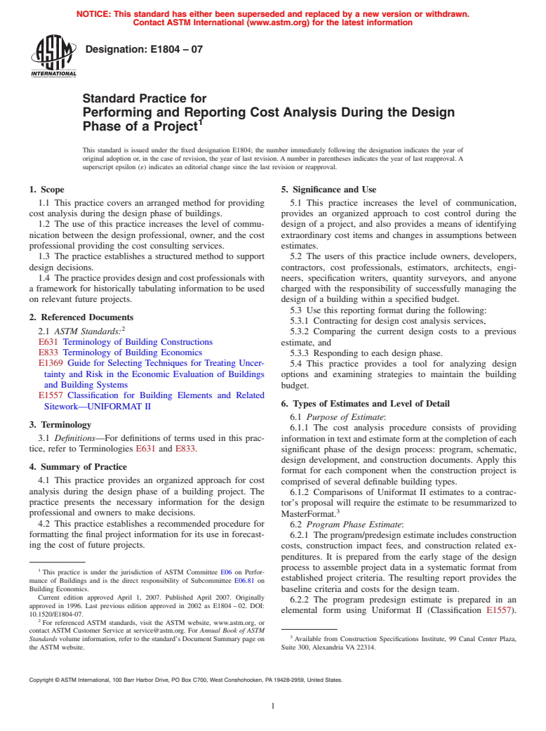 ASTM E1804-07 - Standard Practice for Performing and Reporting Cost Analysis During the Design Phase of a Project