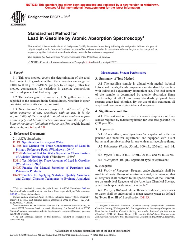 ASTM D3237-06e1 - Standard Test Method for Lead in Gasoline by Atomic Absorption Spectroscopy