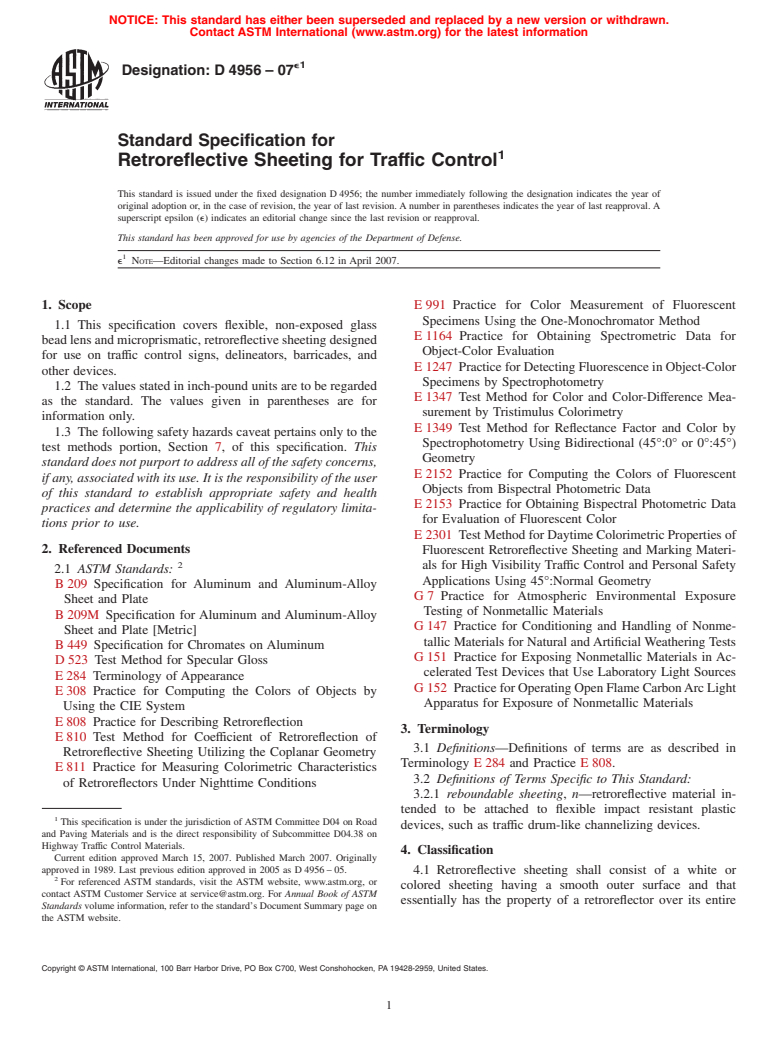 ASTM D4956-07e1 - Standard Specification for Retroreflective Sheeting for Traffic Control