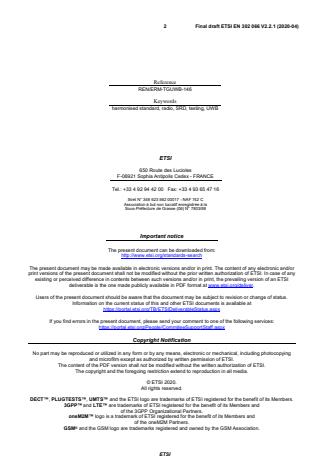 SIST EN 302 066 V2.2.1:2020 ETSI EN 302 066 V2.2.1 (2020-04) - Short Range Devices (SRD); Ground- and Wall- Probing Radio determination (GPR/WPR) devices; Harmonised Standard for access to radio spectrum - Page 2 preview