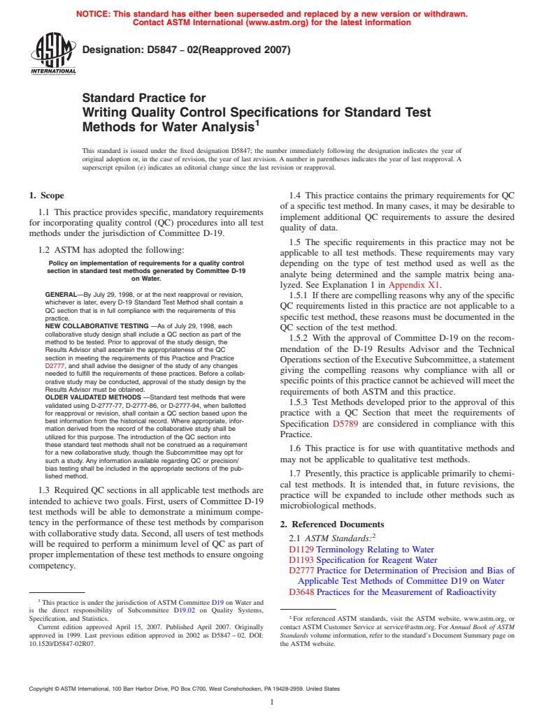 ASTM D5847-02(2007) - Standard Practice for Writing Quality Control Specifications for Standard Test Methods for Water Analysis