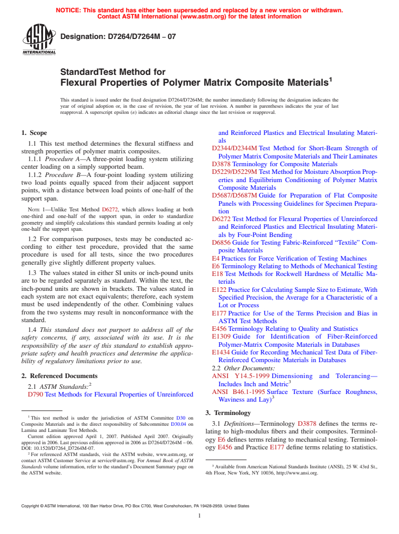 ASTM D7264/D7264M-07 - Standard Test Method for Flexural Properties of Polymer Matrix Composite Materials