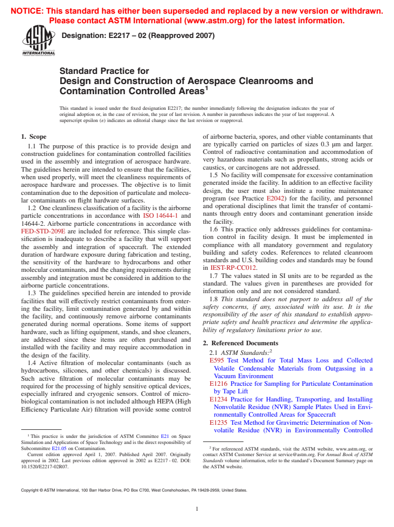 ASTM E2217-02(2007) - Standard Practice for Design and Construction of Aerospace Cleanrooms and Contamination Controlled Areas