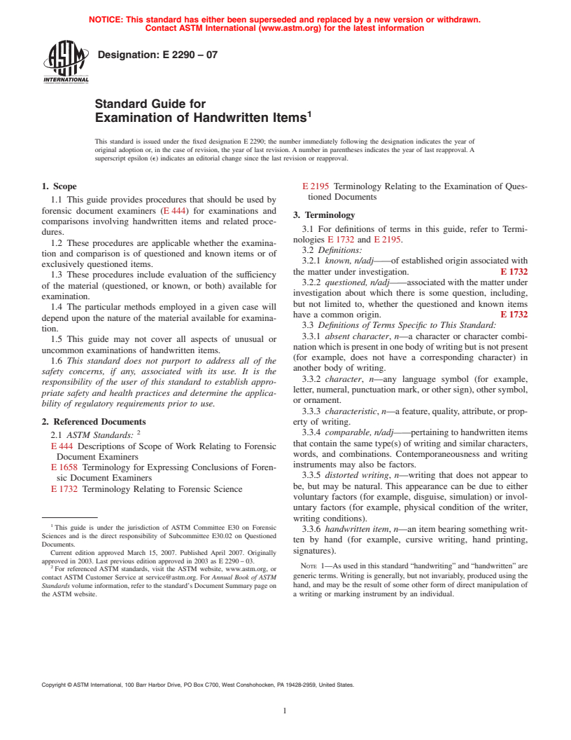 ASTM E2290-07 - Standard Guide for Examination of Handwritten Items