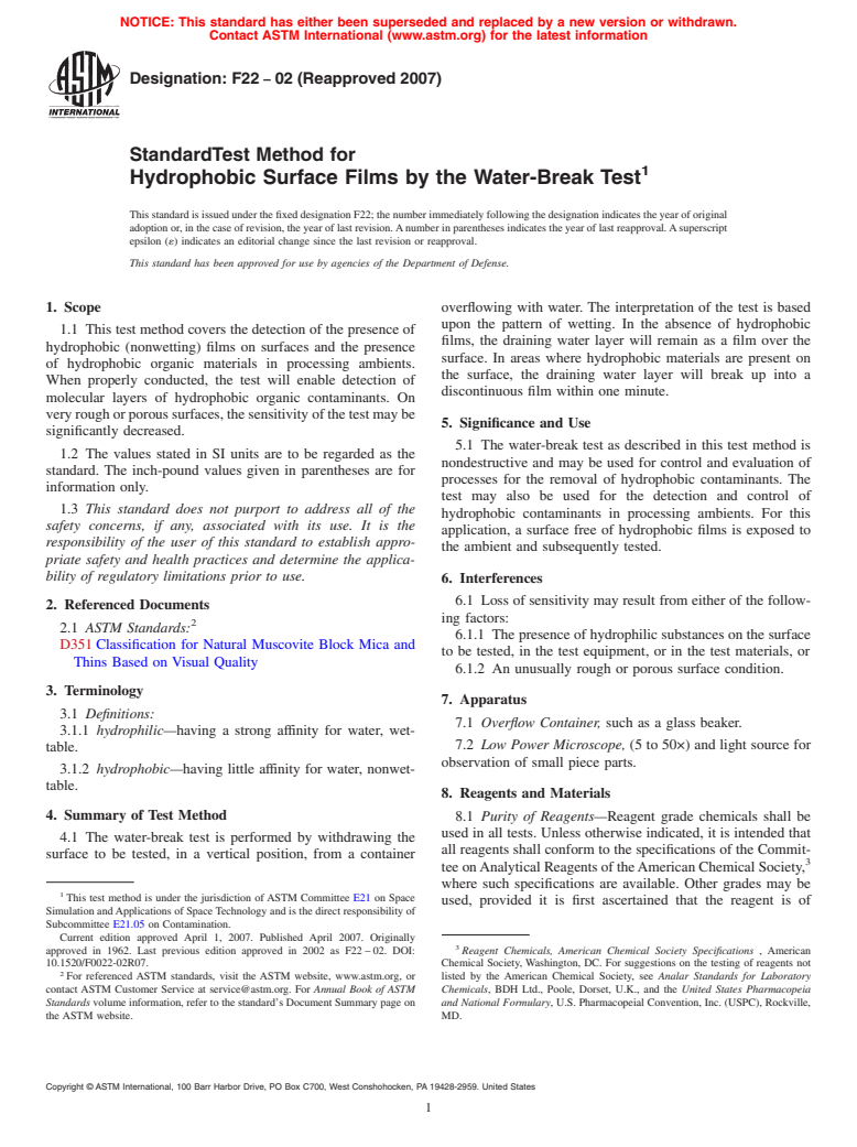 ASTM F22-02(2007) - Standard Test Method for Hydrophobic Surface Films by the Water-Break Test