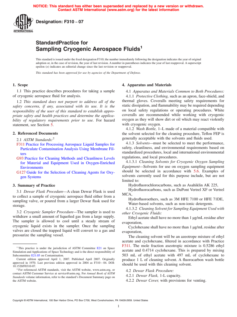 ASTM F310-07 - Standard Practice for Sampling Cryogenic Aerospace Fluids