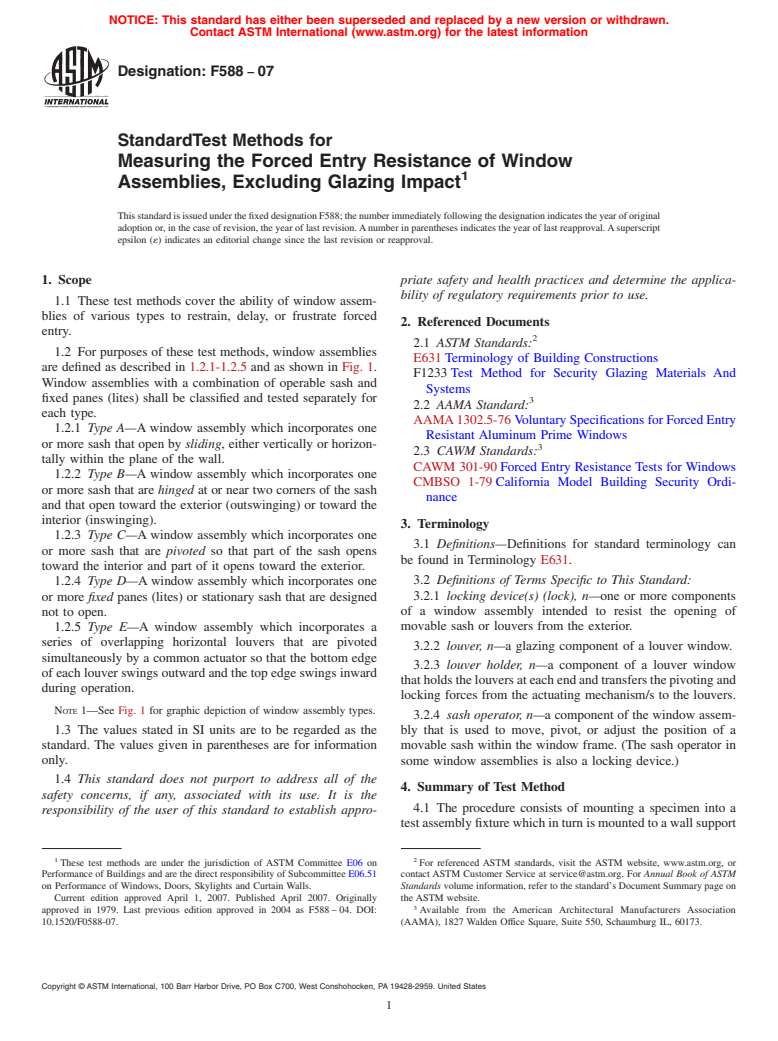 ASTM F588-07 - Standard Test Methods for Measuring the Forced Entry Resistance of Window Assemblies, Excluding Glazing Impact