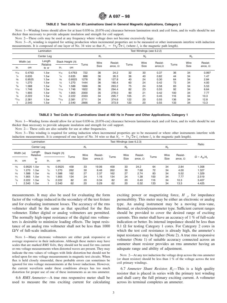 ASTM A697-98 - Standard Test Method for Alternating Current Magnetic Properties of Laminated Core Specimen Using Voltmeter-Ammeter-Wattmeter Methods