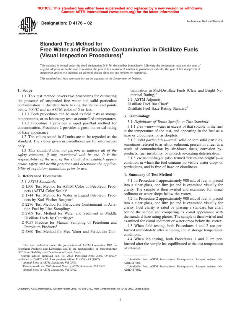 ASTM D4176-02 - Standard Test Method for Free Water and Particulate Contamination in Distillate Fuels (Visual Inspection Procedures)