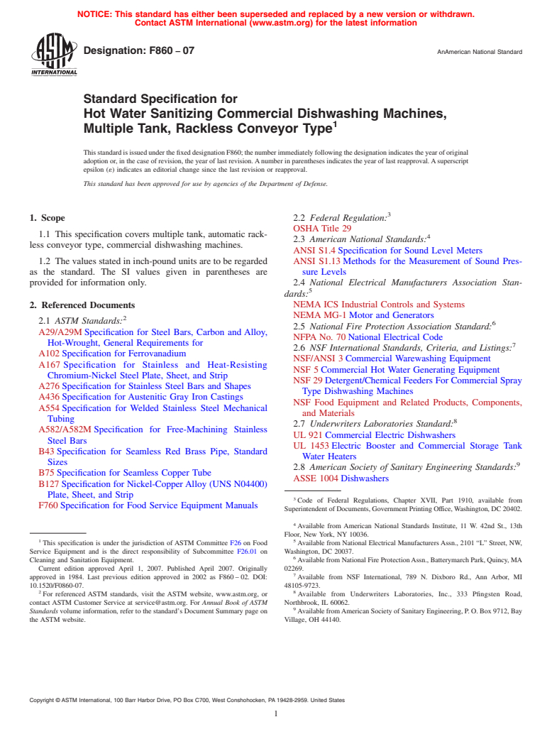 ASTM F860-07 - Standard Specification for Hot Water Sanitizing Commercial Dishwashing Machines, Multiple Tank, Rackless Conveyor Type