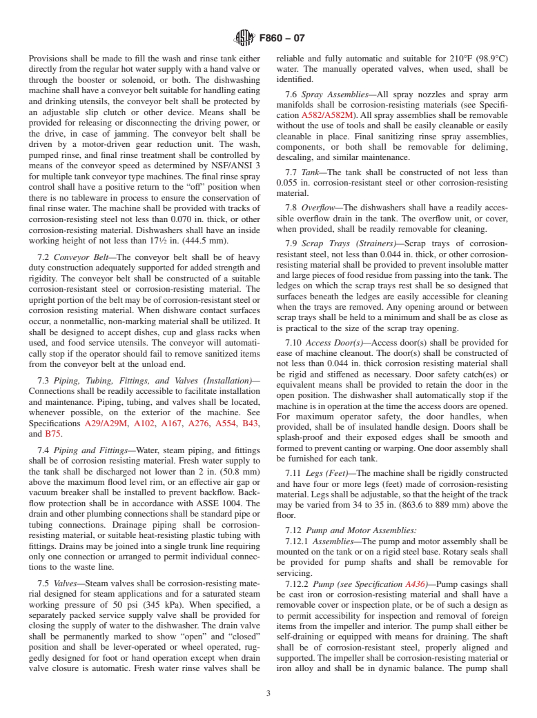 ASTM F860-07 - Standard Specification for Hot Water Sanitizing Commercial Dishwashing Machines, Multiple Tank, Rackless Conveyor Type