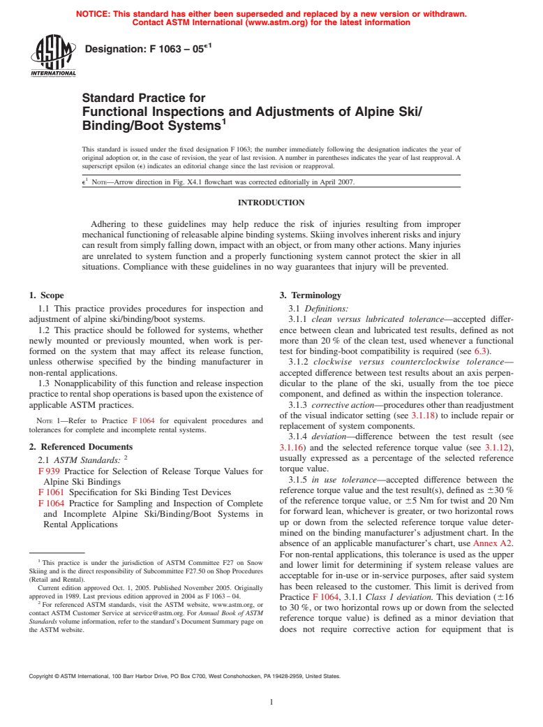 ASTM F1063-05e1 - Standard Practice for Functional Inspections and Adjustments of Alpine Ski/Binding/Boot Systems