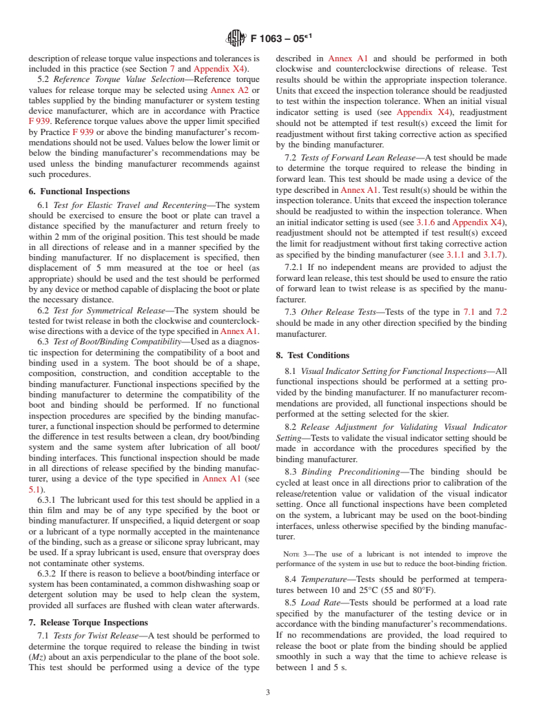 ASTM F1063-05e1 - Standard Practice for Functional Inspections and Adjustments of Alpine Ski/Binding/Boot Systems