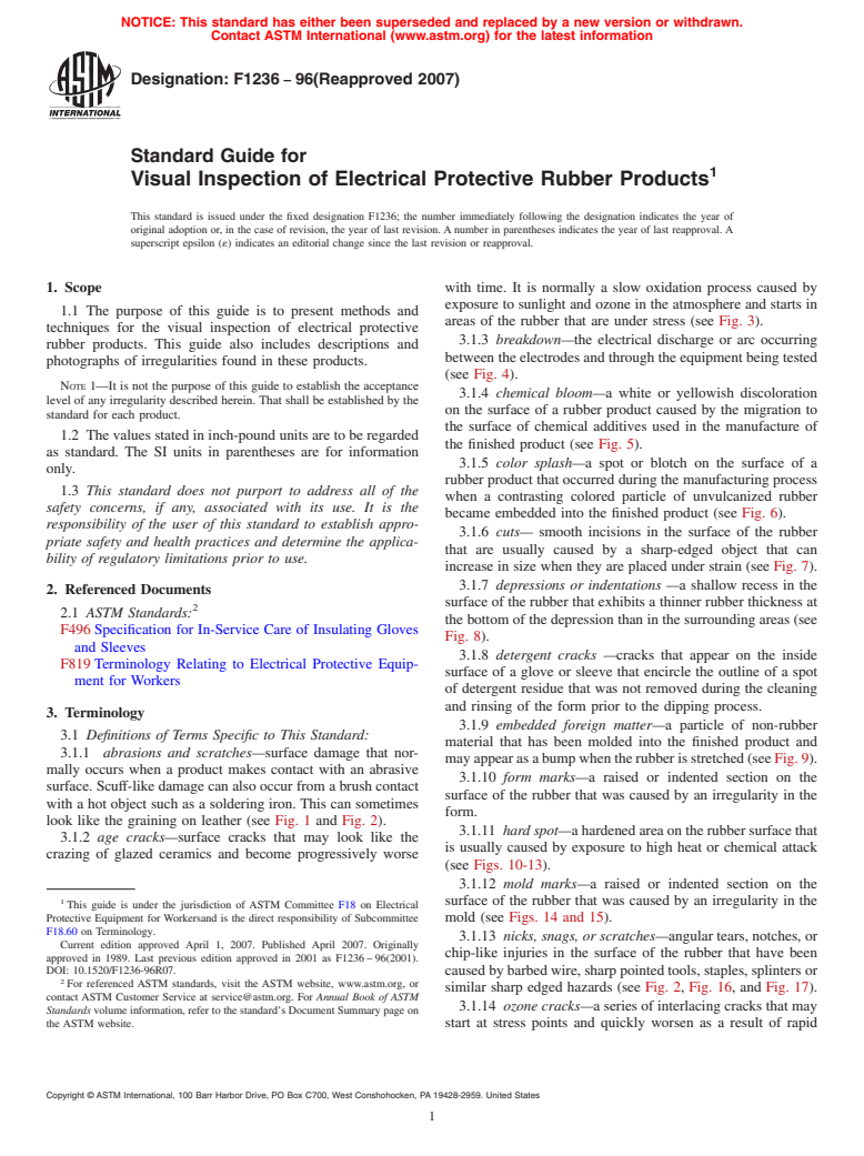 ASTM F1236-96(2007) - Standard Guide for Visual Inspection of Electrical Protective Rubber Products