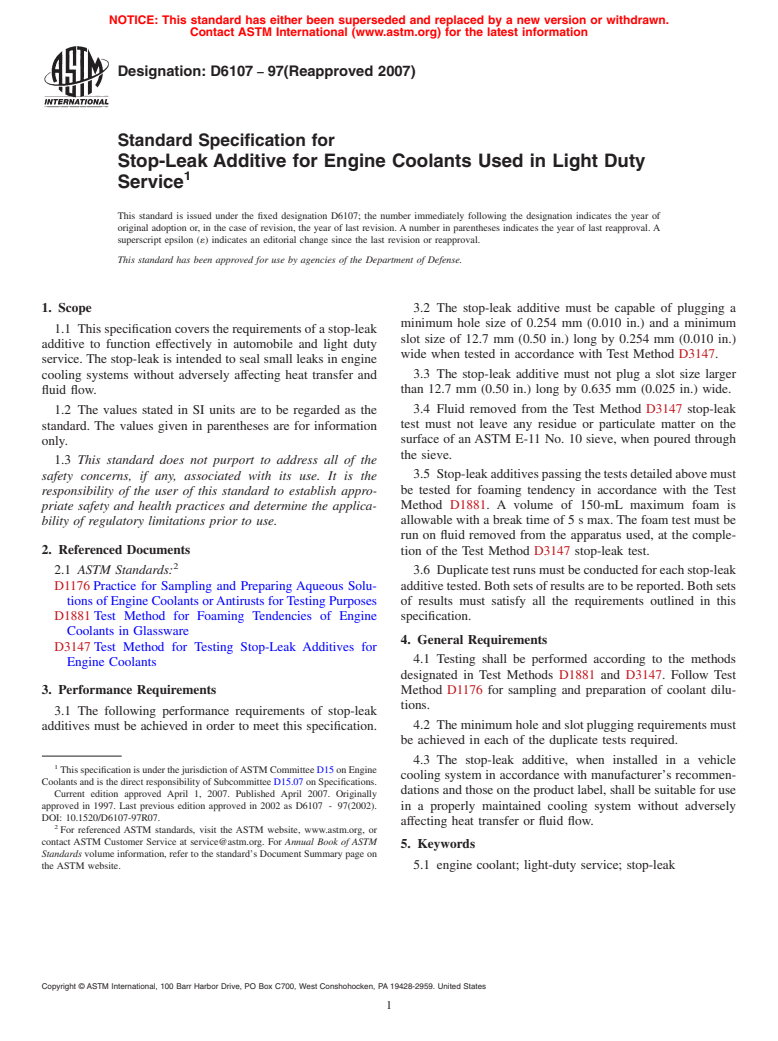 ASTM D6107-97(2007) - Standard Specification for Stop-Leak Additive for Engine Coolants Used in Light Duty Service