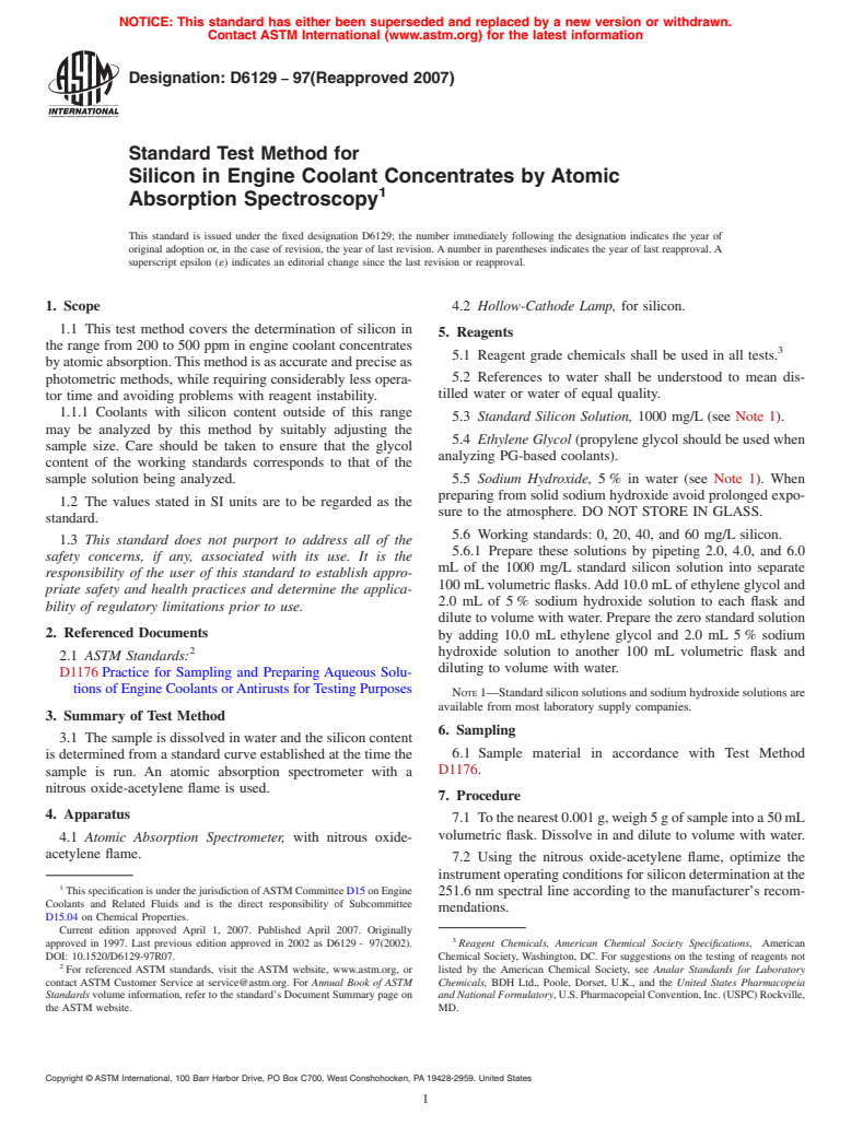 ASTM D6129-97(2007) - Standard Test Method for Silicon in Engine Coolant Concentrates by Atomic Absorption Spectroscopy