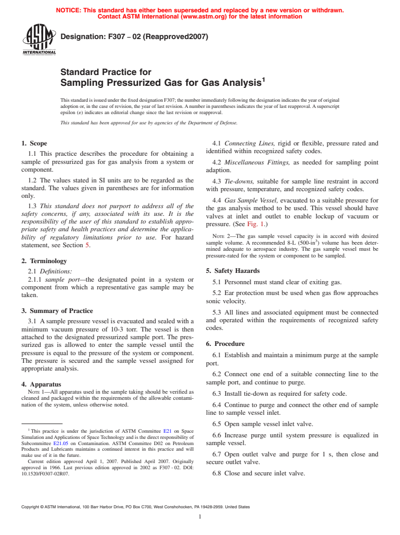 ASTM F307-02(2007) - Standard Practice for Sampling Pressurized Gas for Gas Analysis