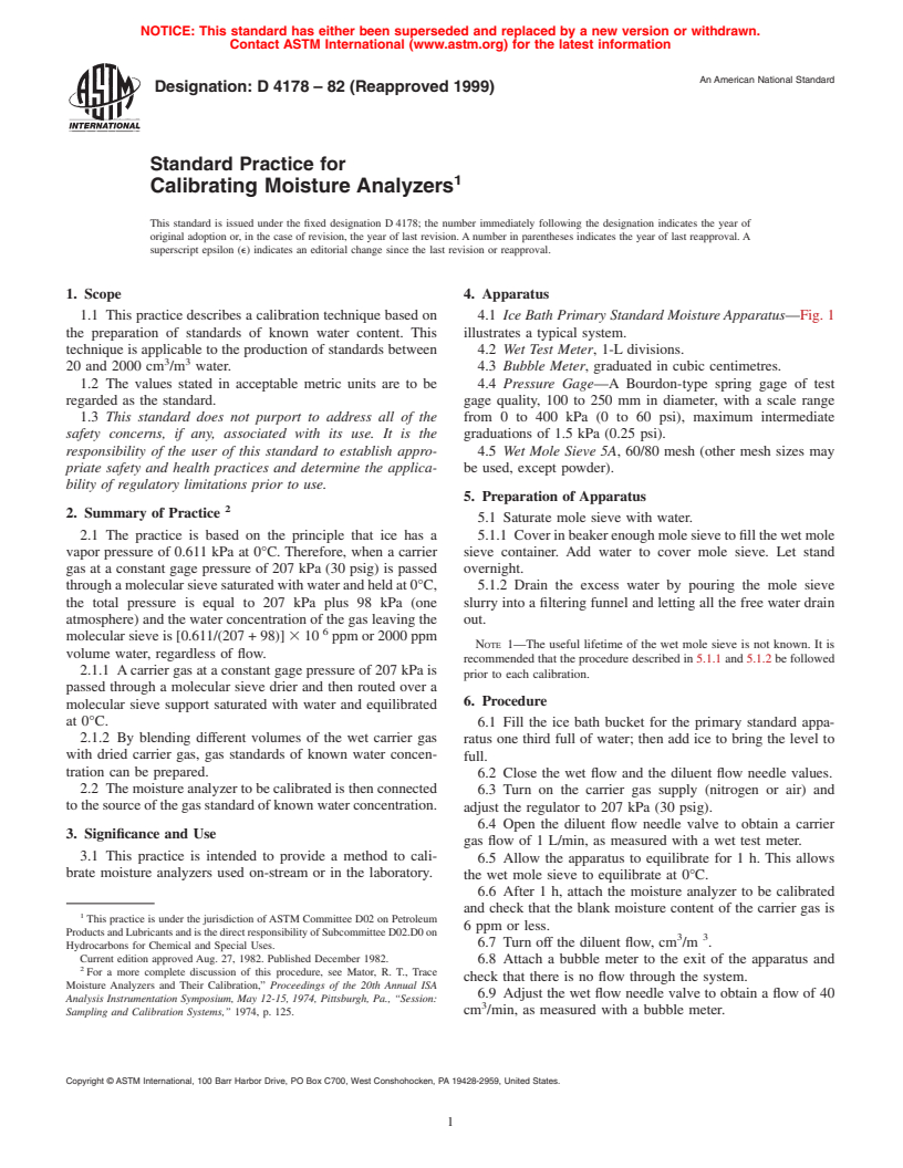 ASTM D4178-82(1999) - Standard Practice for Calibrating Moisture Analyzers