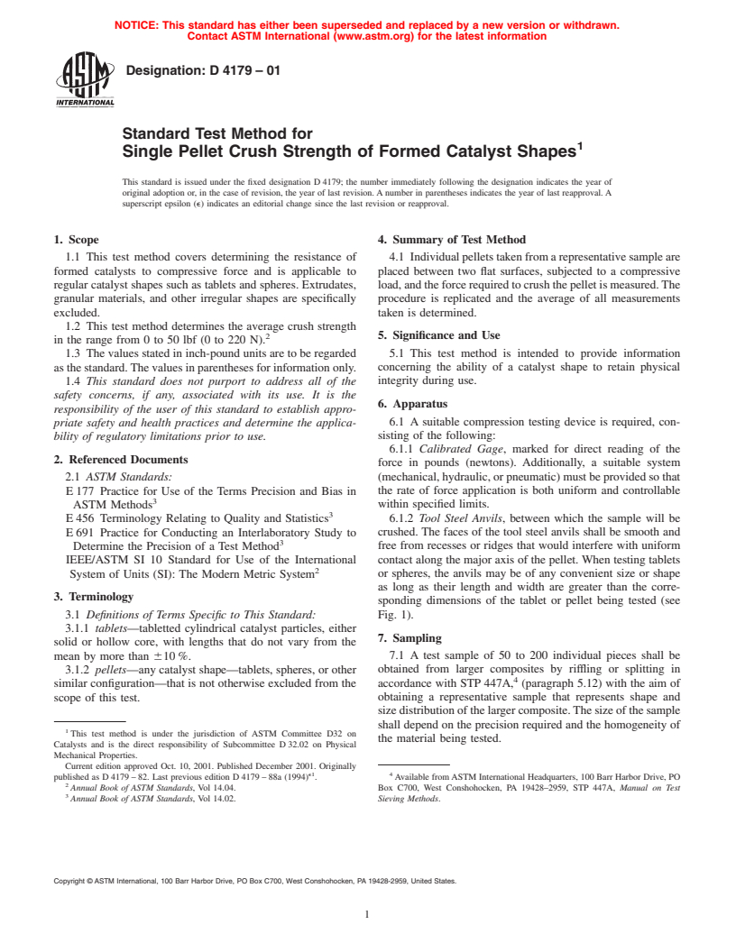 ASTM D4179-01 - Standard Test Method for Single Pellet Crush Strength of Formed Catalyst Shapes