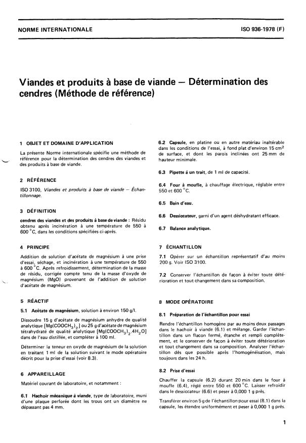 ISO 936:1978 - Viandes et produits a base de viande -- Détermination des cendres -- (Méthode de référence)
