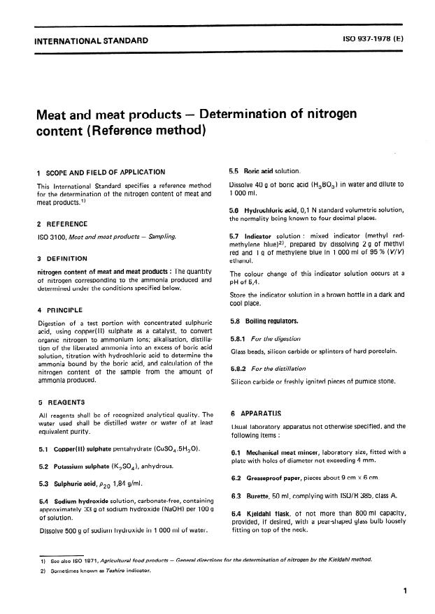 ISO 937:1978 - Meat and meat products -- Determination of nitrogen content (Reference method)