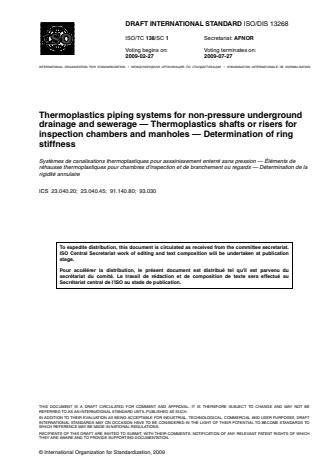 ISO 13268:2010 - Thermoplastics piping systems for non-pressure underground drainage and sewerage -- Thermoplastics shafts or risers for inspection chambers and manholes -- Determination of ring stiffness