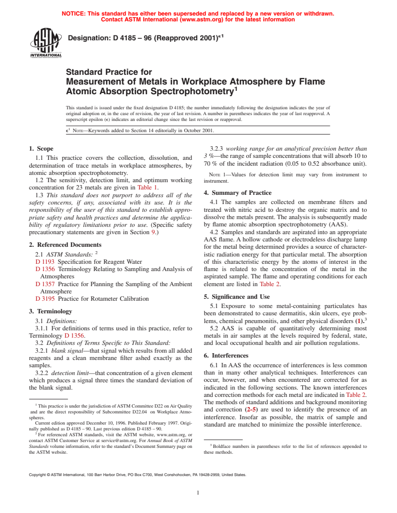 ASTM D4185-96(2001)e1 - Standard Practice for Measurement of Metals in Workplace Atmosphere by Flame Atomic Absorption Spectrophotometry