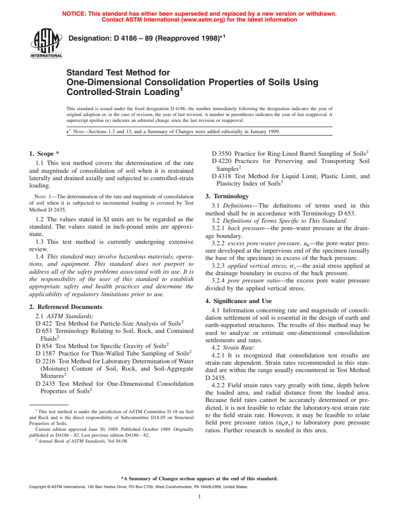 ASTM D4186-89(1998)e1 - Standard Test Method for One-Dimensional Consolidation Properties of Soils Using Controlled-Strain Loading