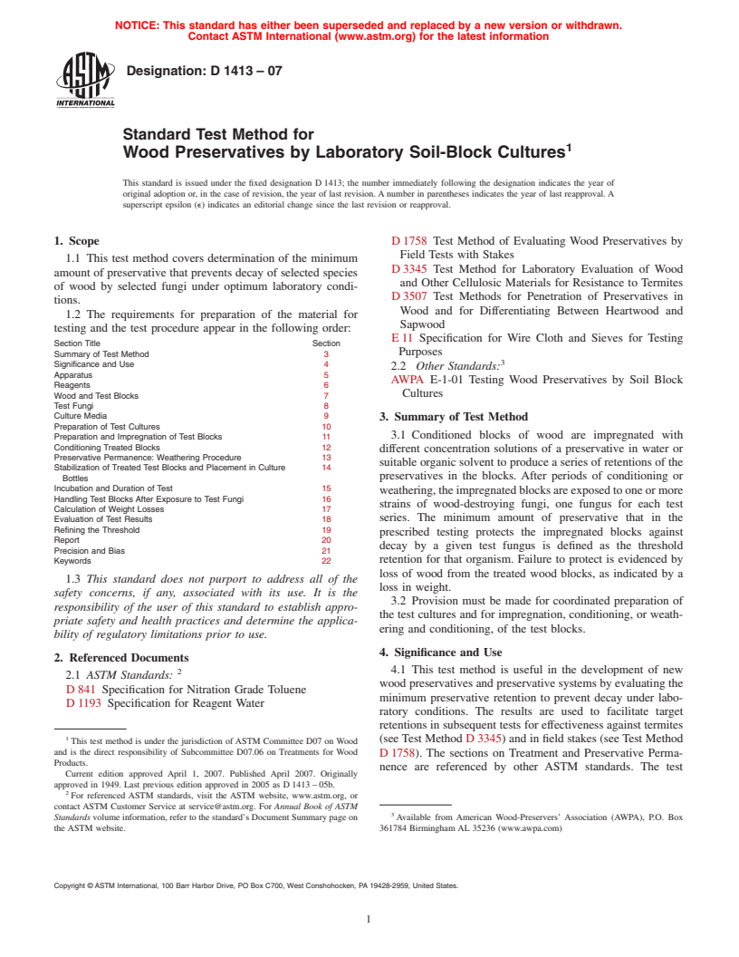 ASTM D1413-07 - Standard Test Method for Wood Preservatives by Laboratory Soil-Block Cultures