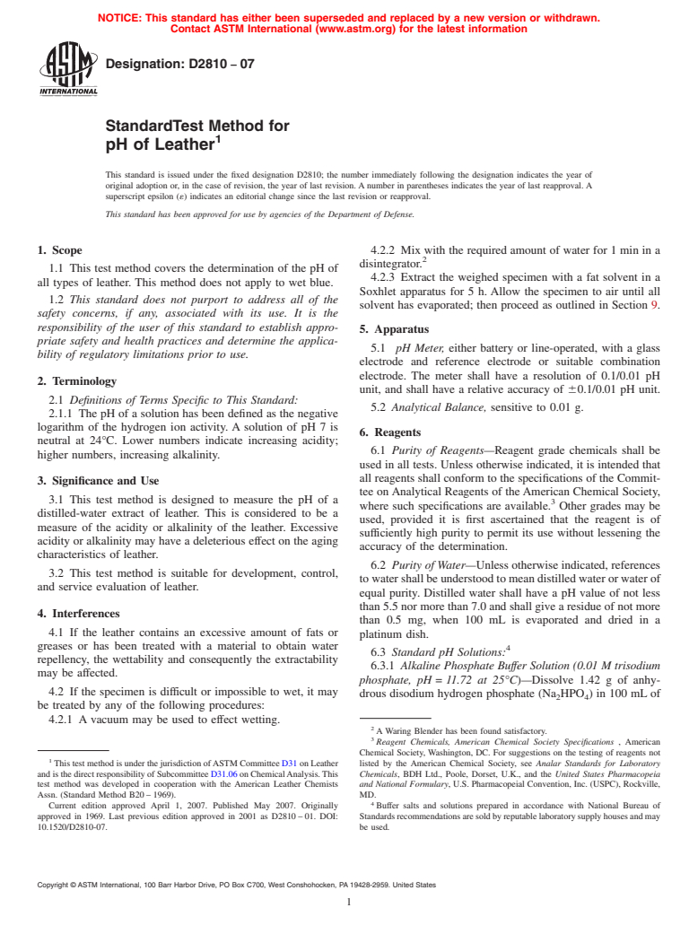 ASTM D2810-07 - Standard Test Method for pH of Leather