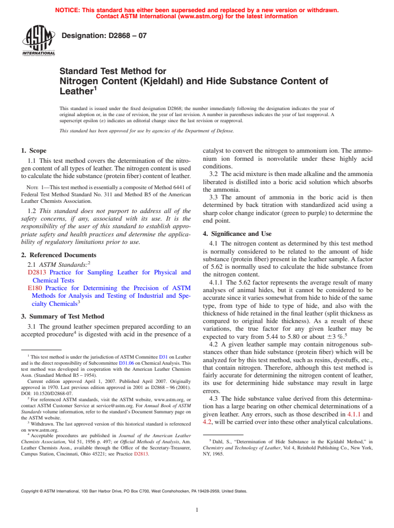 ASTM D2868-07 - Standard Test Method for Nitrogen Content (Kjeldahl) and Hide Substance Content of Leather