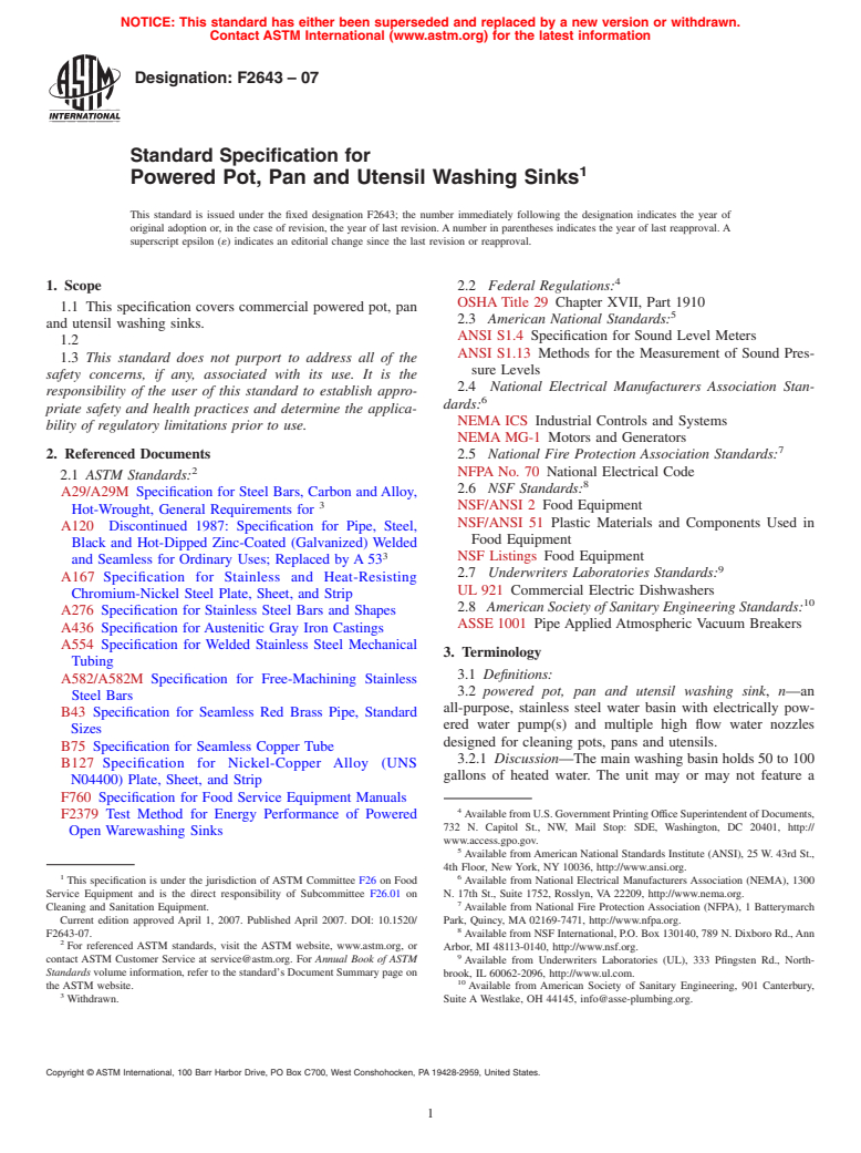 ASTM F2643-07 - Standard Specification for Powered Pot, Pan and Utensil Washing Sinks