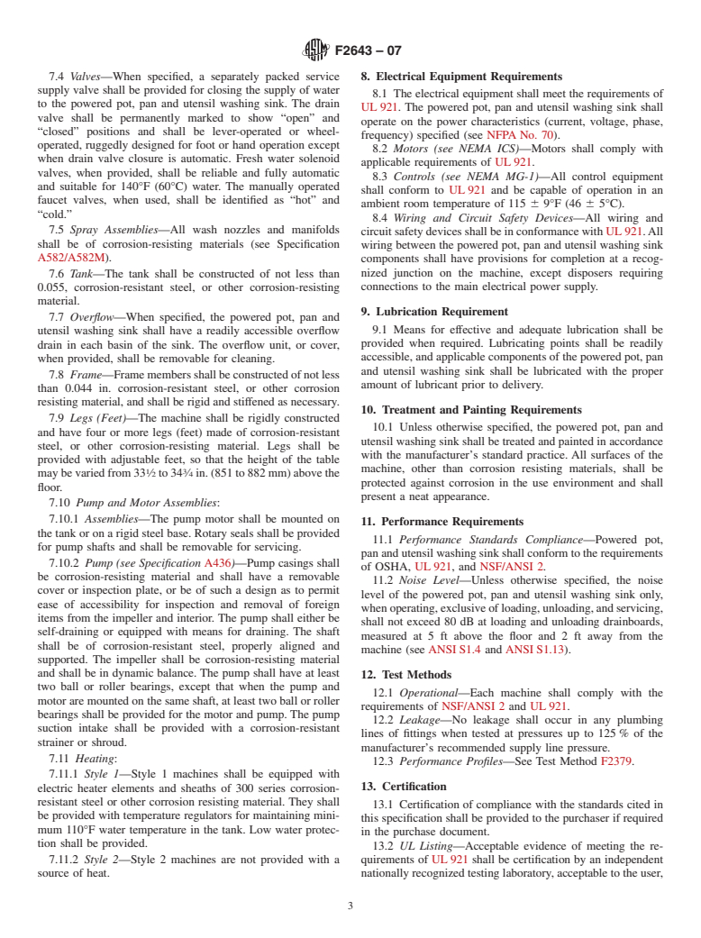 ASTM F2643-07 - Standard Specification for Powered Pot, Pan and Utensil Washing Sinks