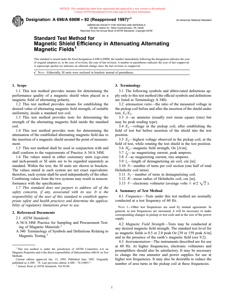 ASTM A698/A698M-92(1997)e1 - Standard Test Method for Magnetic Shield Efficiency in Attenuating Alternating Magnetic Fields