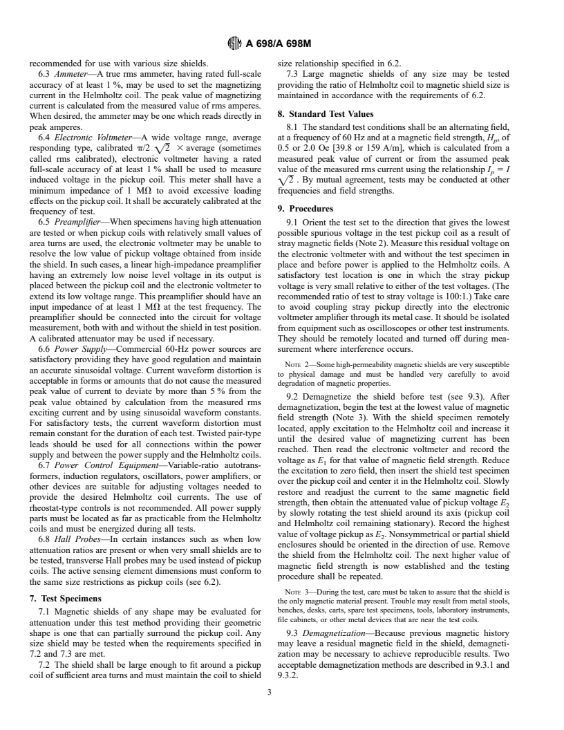 ASTM A698/A698M-92(1997)e1 - Standard Test Method for Magnetic Shield Efficiency in Attenuating Alternating Magnetic Fields