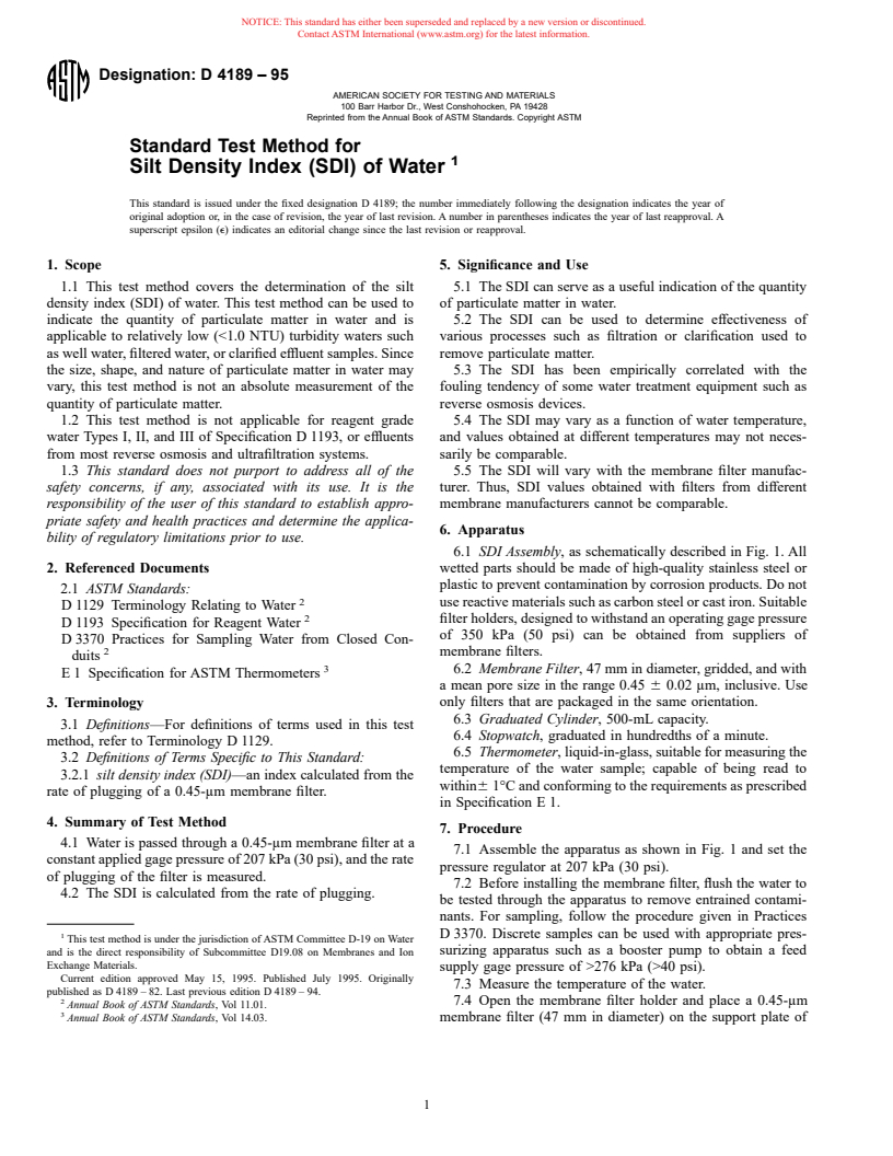 ASTM D4189-95 - Standard Test Method for Silt Density Index (SDI) of Water