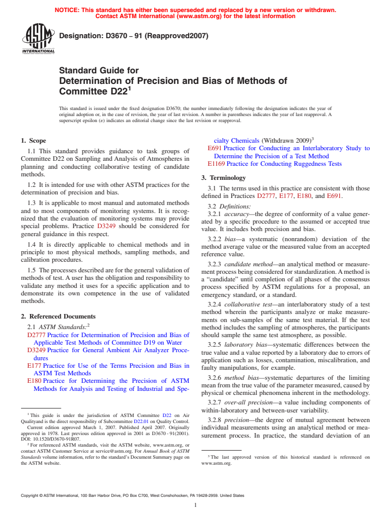 ASTM D3670-91(2007) - Standard Guide for Determination of Precision and Bias of Methods of Committee D22