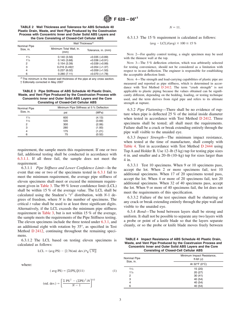 ASTM F628-06e1 - Standard Specification for Acrylonitrile-Butadiene-Styrene (ABS) Schedule 40 Plastic Drain, Waste, and Vent Pipe With a Cellular Core