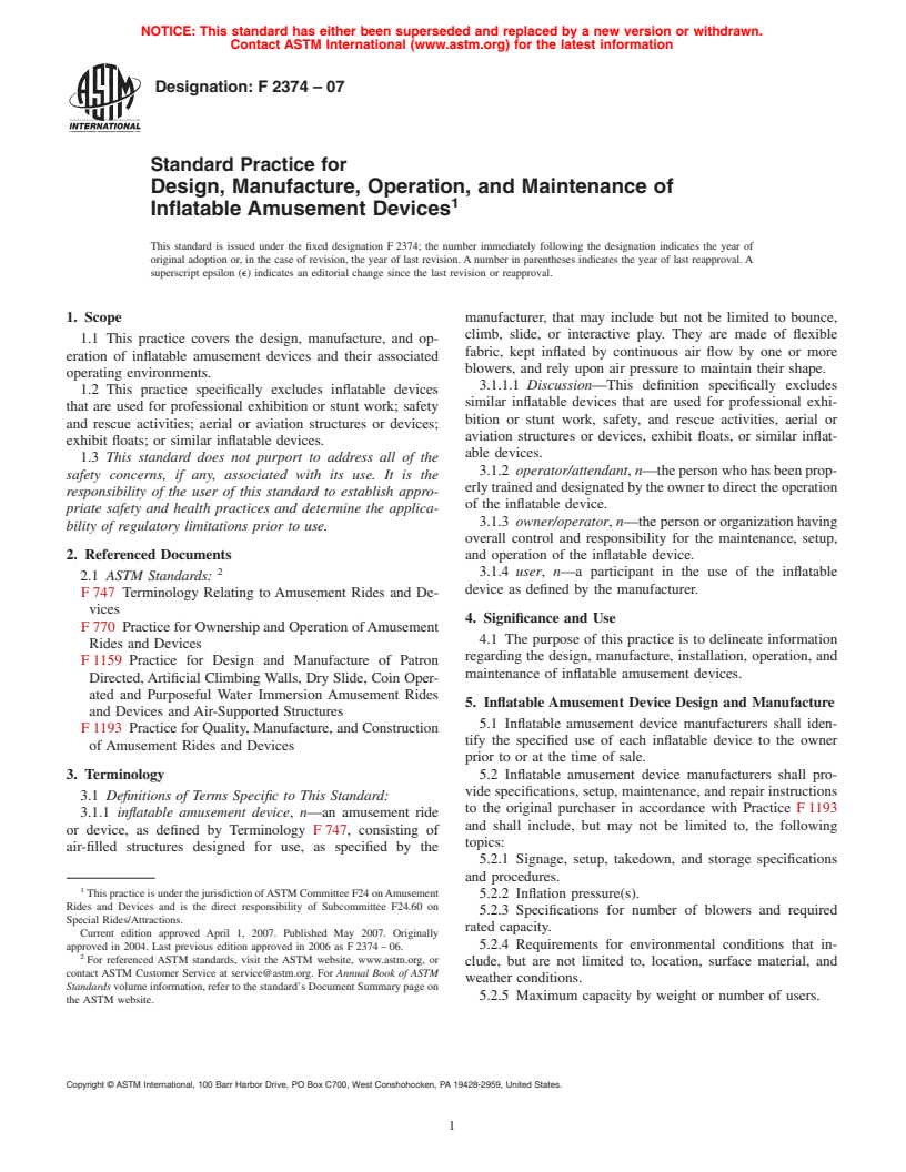 ASTM F2374-07 - Standard Practice for Design, Manufacture, Operation, and Maintenance of Inflatable Amusement Devices