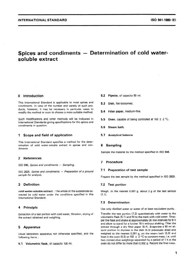 ISO 941:1980 - Spices and condiments -- Determination of cold water-soluble extract